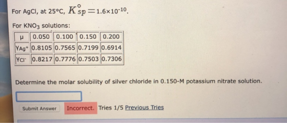 For AgCl, at 25°c, Ksp=1.6x10-10. For KNO3 solutions: 0.050 0.1000.150 0.200 YAg+ 0.8105 0.7565 0.7199 0.6914 Yr 0.8217 0.777