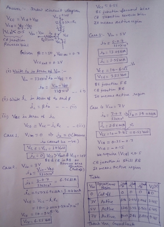 B E junction oueol kias V3.3k R セ means activo C. Reverse biel 33 oxIo 13.oguA Vo Be junctin F& 330 XI dgー7-6 구 ▲ lib-19.osun --(111) Revtu has eksCB junction geeutem ) stiu RE Case2. Vin 3 V Table Vin 4s Thank Yer nord Luuck