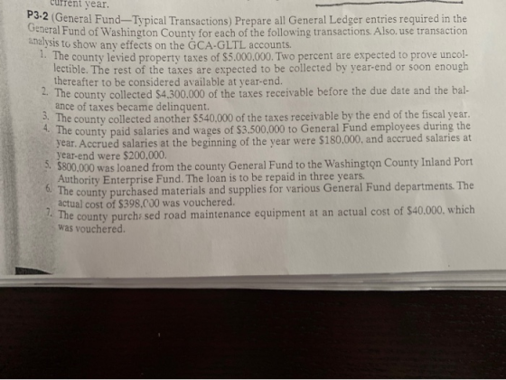 cent year. 3-2 (General Fund-Typical Transactions) Prepare all General Ledger entries required in the General Fund of Washing