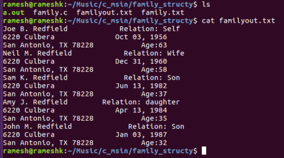 ramesh@rameshk: ~/Music/c_msin/family_structy$ ls a.out family .c familyout.txt family. txt ramesh@rameshk:~/Music/c_msin/fam