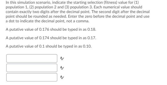 In this simulation scenario, indicate the starting selection (fitness) value for (1) population 1, (2) population 2 and (3) p