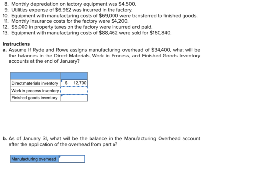 8. Monthly depreciation on factory equipment was $4,500. 9. Utilities expense of $6,962 was incurred in the factory. 10. Equi