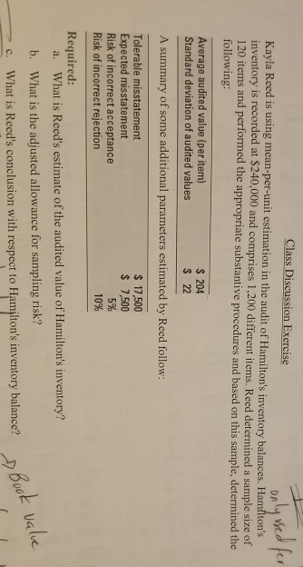only used for Class Discussion Exercise Kayla Reed is using mean-per-unit estimation in the audit of Hamiltons inventory bal