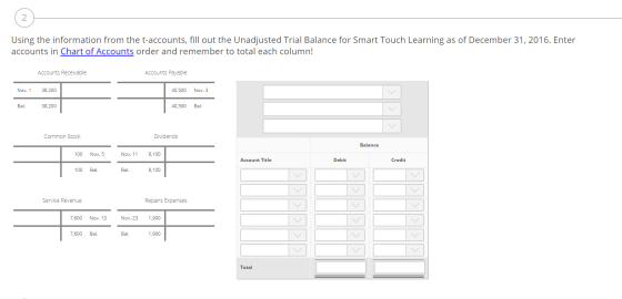 Using the information from the t-accounts, fill out the Unadjusted Trial Balance for Smart Touch Learning as of December 31,