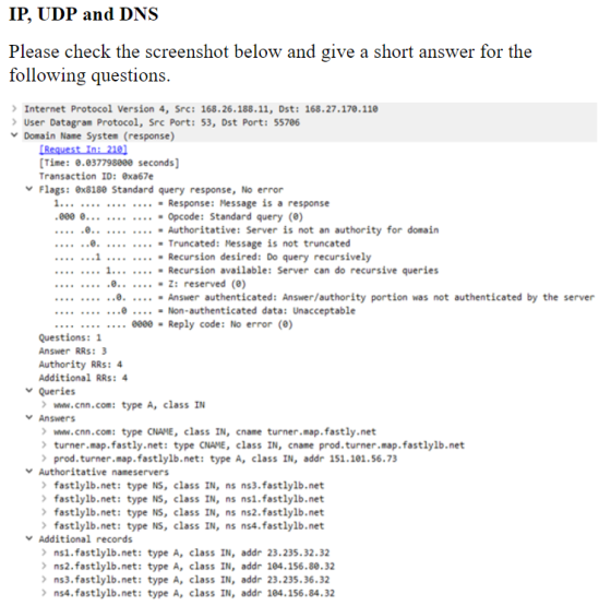 IP, UDP and DNS 1... ....... Please check the screenshot below and give a short answer for the following questions. > Interne