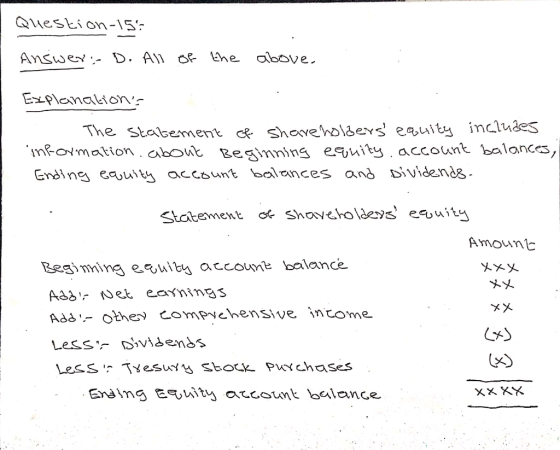 Question-15: Answer: D. All of the above. Explanations 1. The statement of shareholders equity includes information about B