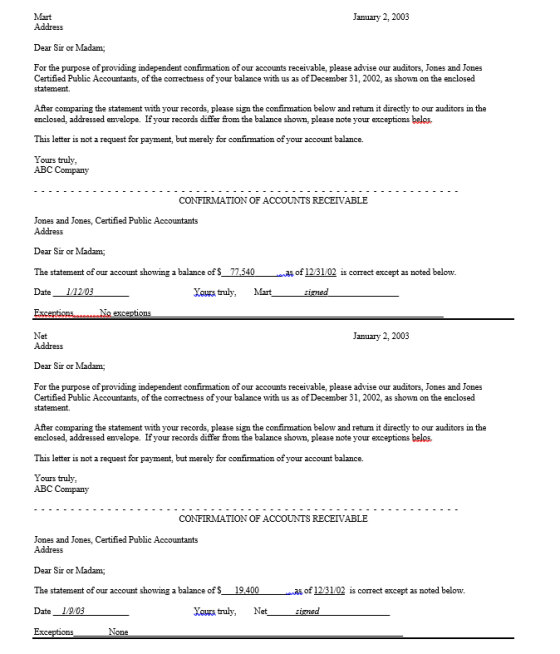 January 2, 2003 Mart Address Dear Sir or Madam; For the purpose of providing independent confirmation of our accounts receiva