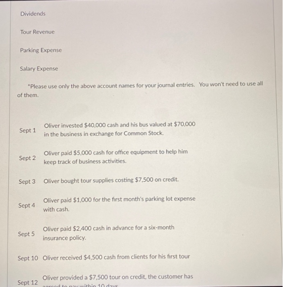 Dividends Tour Revenue Parking Expense Salary Expense * Please use only the above account names for your journal entries. You