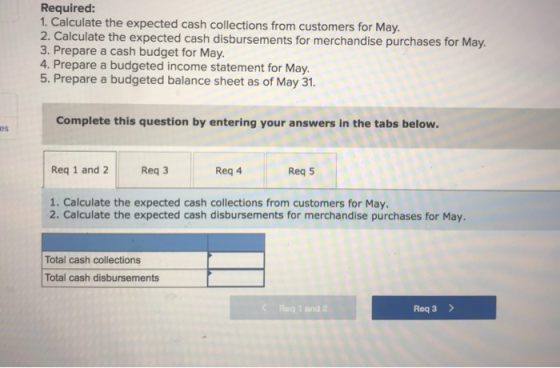 Required: 1. Calculate the expected cash collections from customers for May. 2. Calculate the expected cash disbursements for
