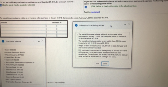 The folowing hfom OL, Inc. has the Solowing unadjusted account balances as of December 31,2018, the companys yearend l(Clck the icon to view the unadjusted balances) At year end, LOL makes adjusting joumal entries to properly record revenues and expenses. applies to the adjusting journal entries: (Cistk the lon the inlrmation fr he adbasting entrion.) Read the requrement The prepaid insurance baiance elates to an insurance policy purchased on January 1, 2018, that covers the period of January 1, 2018 to December 31, 2018 December 3 Information tor adjusting entries The prepaid insurance balance relahes to an insurance policy purchased on January 1, 2018, that covers the period of Jaruary 1, 2018 to December 31, 2018. Unadjated balances The prepaid rent balance relates to rent paid in June 2018 to oover the period of Judy 1, 2018 to June 30, 2019 Wages for 2018 in the amount of $23,000 will be paid aher year end and have not yelt been reoorded LOL purchased the equipment in the beginning of January 2018 and will depreciate it on a yearly basis No depreciation has been ecorded yet. The equpment has a useful ife of 15 years, no residual value, and wil be depreciated on a straight-Ine basits Cash: $600 000 Anon% Rembe 50,500 Prepaid Insurance: $17,000 Prepaid Rent: $19.800 Equipment $52,500 . Accumulated Depreciation-Eqipment $0 Print Done Accounts Payable: $20.000 Common Stock $10.00 Sales Reve:$964,700 Wage Expense: $270,000 Utites Expense: $10,000 Rent Expensa: $9 900 DepreciationE $0 then click Check Answer
