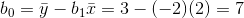 b_0=\bar{y}-b_1\bar{x}=3-(-2)(2)=7