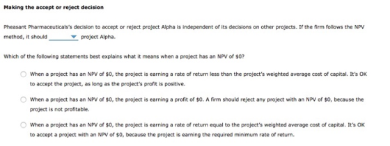 Making the accept or reject decision Pheasant Pharmaceuticalss decision to accept or reject project Alpha is independent of