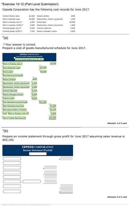  Exercise 10 12 Part Level Submission Cepeda Corporation Has The Following Cost Records For 
