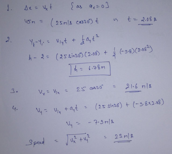 1. sx = xt {as ax=0] 45M = (25ml8 cas10) t & t= 2.088 Y-Y. = Viyt & blyt h-2= (258ingo) (2.08) + Th= 6.78m (-9-8)(2:083 3. =