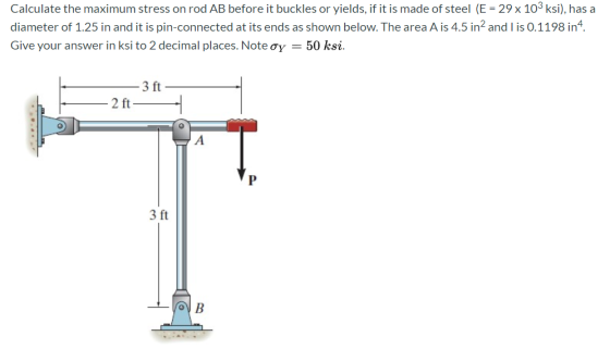 Calculate the maximum stress on rod AB before it buckles or yields, if it is made of steel (E = 29 x 103 ksi), has a diameter