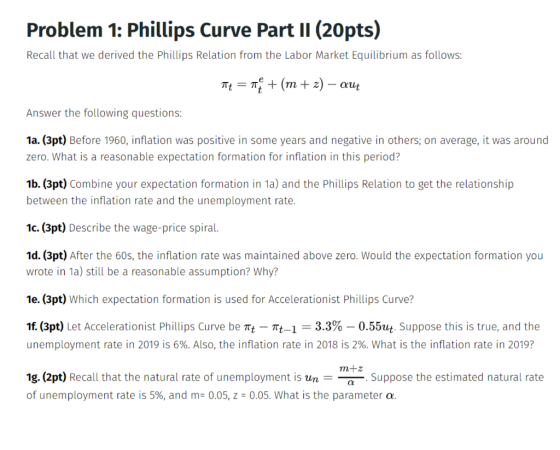 Problem 1: Phillips Curve Part 11 (20pts) Recall that we derived the Phillips Relation from the Labor Market Equilibrium as f