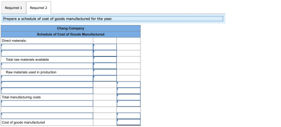 Required 1 Required 2 H IIHII Prepare a schedule of cost of goods manufactured for the year. .. LUULUULUUUUUUU Chang Company