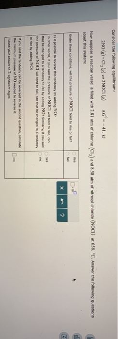 the following equilibrium Now suppose a reaction vessel is filed with 2.81 atm of chlorine (CI) and 8.58 atm of ntrosyl chlor