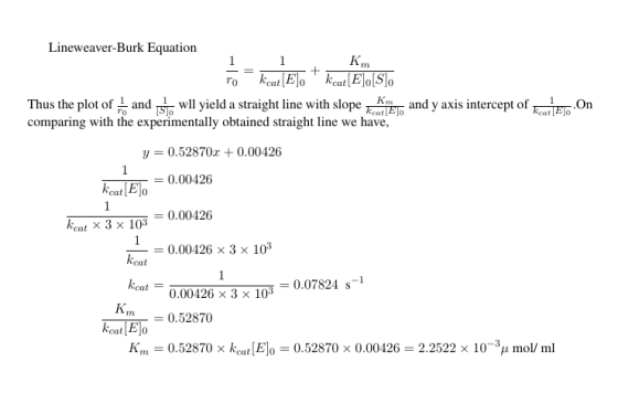 Lineweaver-Burk Equation 1 1 + ro kcat [E],kcat [El,[S]. Thus the plot of and sto wll yield a straight line with slope and y