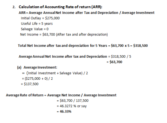 2. Calculation of Accounting Rate of return (ARR): ARR - Average Annual Net Income after Tax and Depreciation / Average Inves