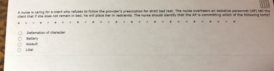 A nurse is caring for a client who refuses to follow the providers prescription for strict bed rest. The nurse overhears an assistive personnel (AP) tell the client that if she does not remain in bed, he will place her in restraints. The nurse should identify that the AP is committing which of the following torts? Defamation of character O Battery O Assault O Libel