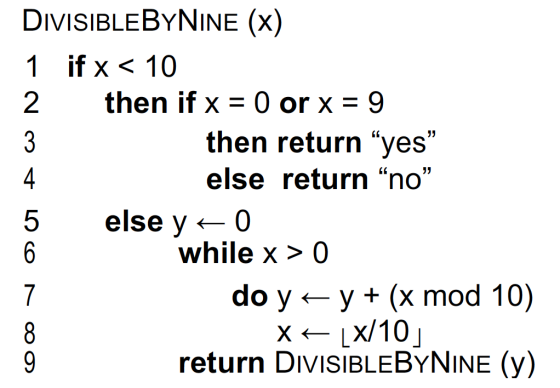 DIVISIBLEBYNINE (x) 1 if x< 10 then if x 0 or x 9 then return yes else return no 5 els while x> 0 do y y (x mod 10) Lx/10 X return DIVISIBLEBYNINE (y)