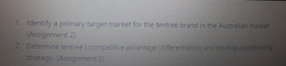 1. Identify a primary target market for the tentree brand in the Australian market (Assignment 2) 2. Determine tentrees comp