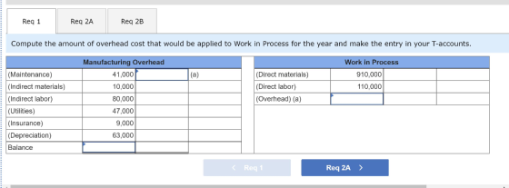 Req 1 Req 2A Req 2B Compute the amount of overhead cost that would be applied to Work in Process for the year and make the en