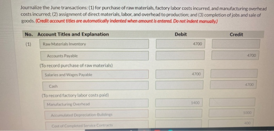 Journalize the June transactions: (1) for purchase of raw materials, factory labor costs incurred, and manufacturing overhead