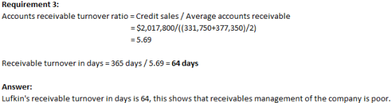 Requirement 3: Accounts receivable turnover ratio = Credit sales / Average accounts receivable = $2,017,800/((331,750+377,350