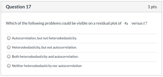 Question 17 1 pts Which of the following problems could be visible on a residual plot of versus t? et Autocorrelation, but no