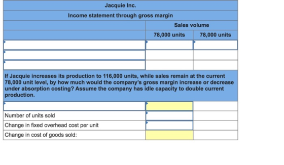 Jacquie Inc. Income statement through gross margin Sales volume 78,000 units 78,000 units If Jacquie increases its production