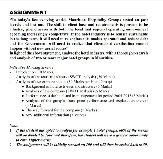 ASSIGNMENT In todays fast evolving world, Mauritian Hospitality Groups rested on past laurels and lost out. The shift in cl