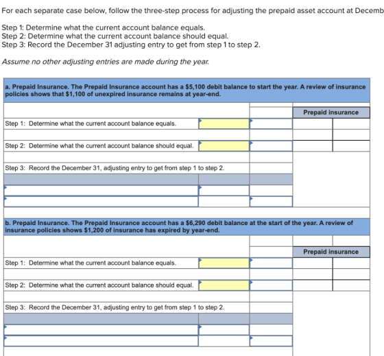 For each separate case below, follow the three-step process for adjusting the prepaid asset account at Decemb Step 1: Determi
