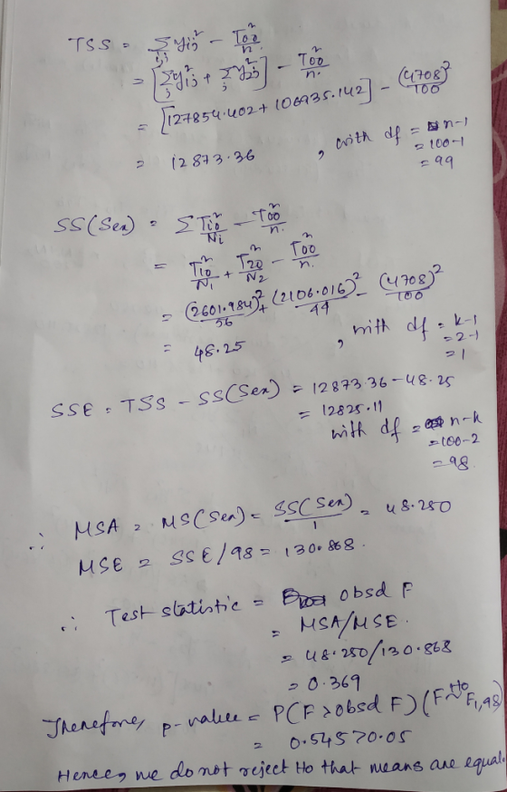 TSS Syn - Too = (y + 7 ) - Too = [127854.602+ 100135.142] - (47083 n- with df = 2 12 873.36 21000 -aq SS (Sea) - STU - To - (