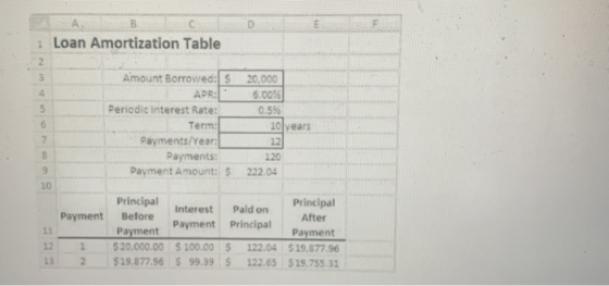 1 Loan Amortization Table 2. Amount Borrowed: S APR: 20,000 6.0056 4. Periodic Interest Rate: 0.5% Term: Payments/Year: Payme