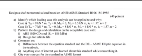 Design a shaft to transmit a load based on ANSI/ASME Standard B106.IM-1985 (40 points) a) Identify which loading case this an
