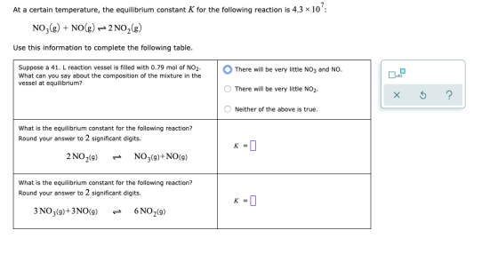 At a certain temperature, the equilibrium constant K for the following reaction is 4.3 x 10: NO2(g) + NO(g) = 2 NO2(g) Use t