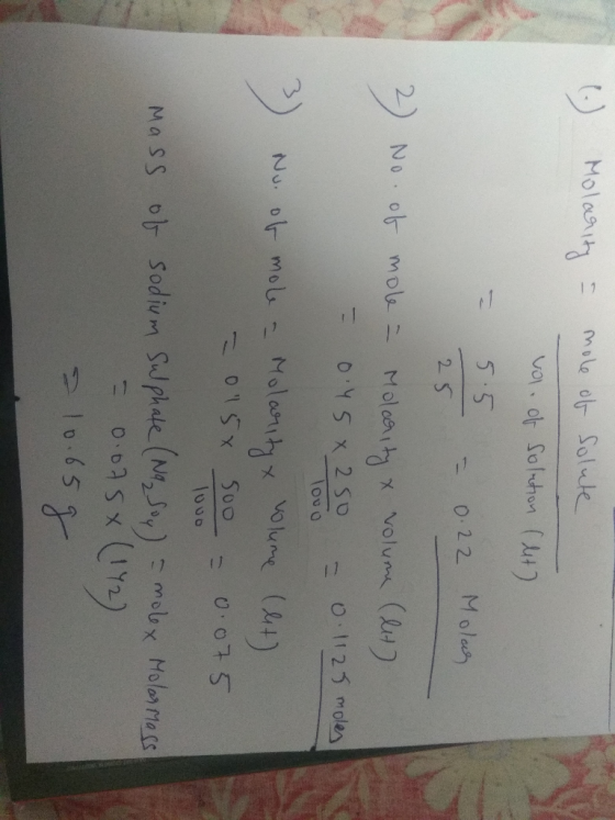 Moles Mole ol Salnte va. or Solhon (ut -7 5 5 0.22 Molas 25 No ob mole Moleat X volum o1125 moles Tov o Nu. 0 mo Molarnty 015