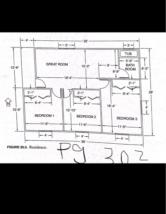 TUB 5-9 BATH GREAT ROOM 12-3 6 12-6 6-3 8-9 19-4 2-1 2-1 2-1 8-4 26 8-4 16-4 13-6 12-10 BEDROOM 1 BEDROOM 2 BEDROOM 3 36 FIGURE 20.5. Residence.