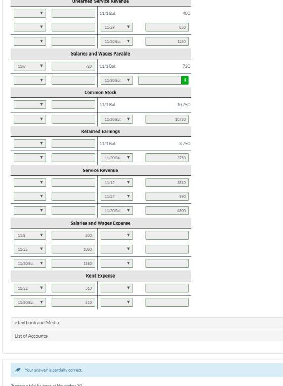 Uneaphed Service Revenue 11/1 Bal. 400 11/29 850 11/30 Bal. 1250 Salaries and Wages Payable 11/1 Bal. 720 11/30 Bal. Common S