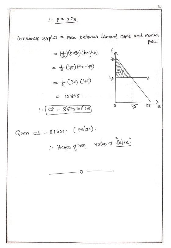 p= $70 Consumer susplus - Area between demand are and market price en - boge) Cheight) = $(45) (70-40) = (30) (45) = 15$45 (