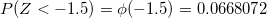 \small P(Z < -1.5) = \phi(-1.5) = 0.0668072