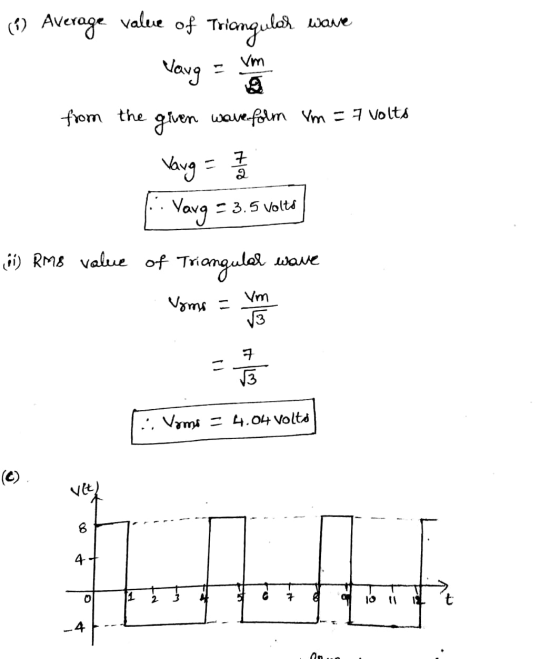 (6) Average value of Triangular wave larg = um from the given waveform Vm = 7 volts Varg = 7 - Varg = 3.5 volts] () RM8 value