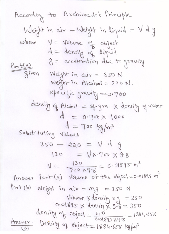 Accovdins To Achiedinuble where V= volume Object acceleratiom art(a Welshl- \n cir weish- in Alcohal 220 ve 3So N ens 3 Substitulin valuus 700x7.8 = 0,01895 m3 Answr a () volume of the abject-0 s n Volume X density X 9 Answer Density ob aject= 1884,658 Kg.