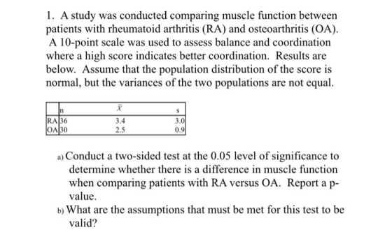 1. A study was conducted comparing muscle function between patients with rheumatoid arthritis (RA) and osteoarthritis (OA). A
