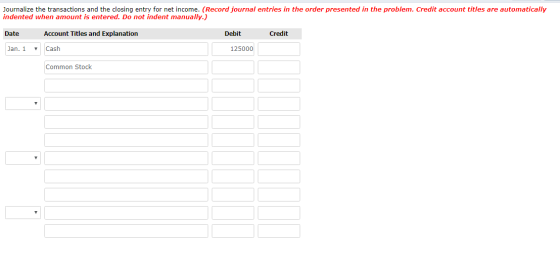 Journalize the transactions and the closing entry for net income. (Record journal entries in the order presented in the probl