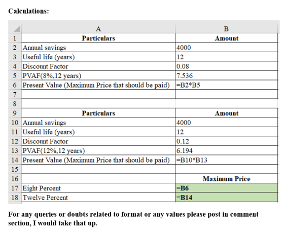 Calculations: Amount Particulars 2 Annual savings 4000 3 Useful life (years) 12 4 Discount Factor 0.08 5 PVAF(8%,12 years) 7.