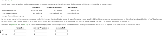 Calculate Payroll Breakin Away Company has three employees-a consultant, a computer programmer, and an administrator. The fol