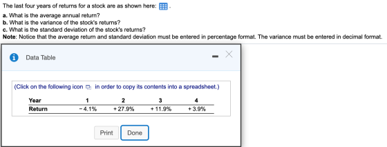The last four years of returns for a stock are as shown here: B a. What is the average annual return? b. What is the variance
